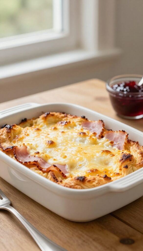 Flaky Ham and Cheese Croissant Bake in a baking dish