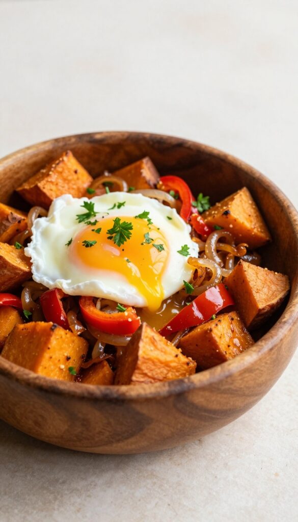 Sweet potato hash with poached egg in a rustic bowl
