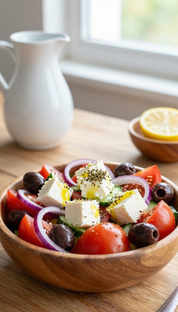 Classic Greek salad in a wooden bowl with tomatoes, cucumbers, red onions, Kalamata olives, and feta cheese, drizzled with olive oil and oregano on a rustic table