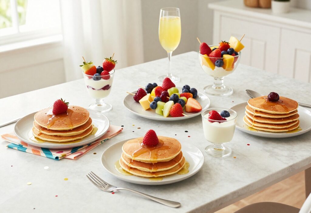 Bachelorette breakfast table with mimosa bar and assorted brunch dishes