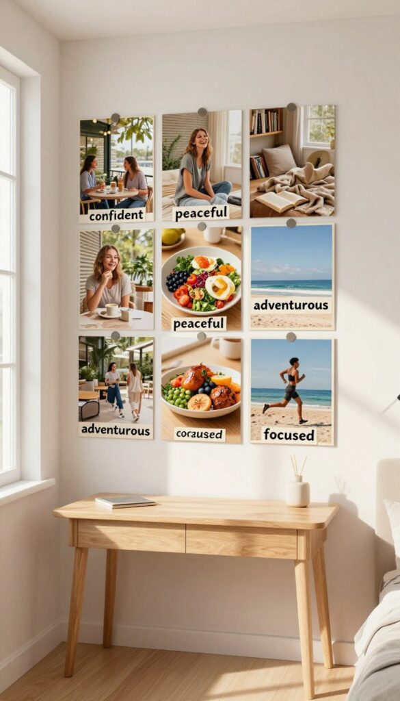 A vision board for future self with images of joy, wellness, and growth in a bright bedroom