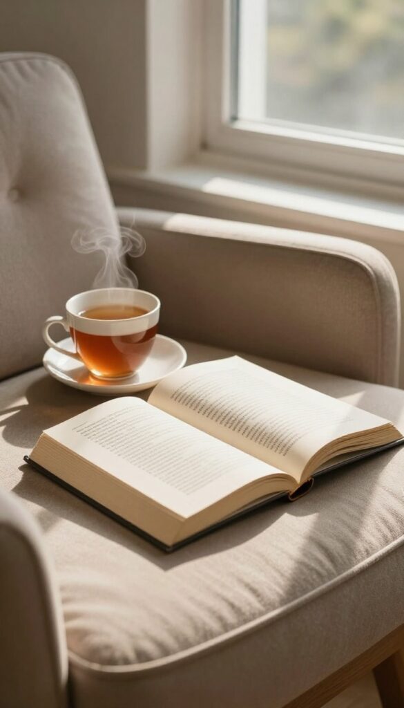 Cozy reading nook with open poetry book and tea