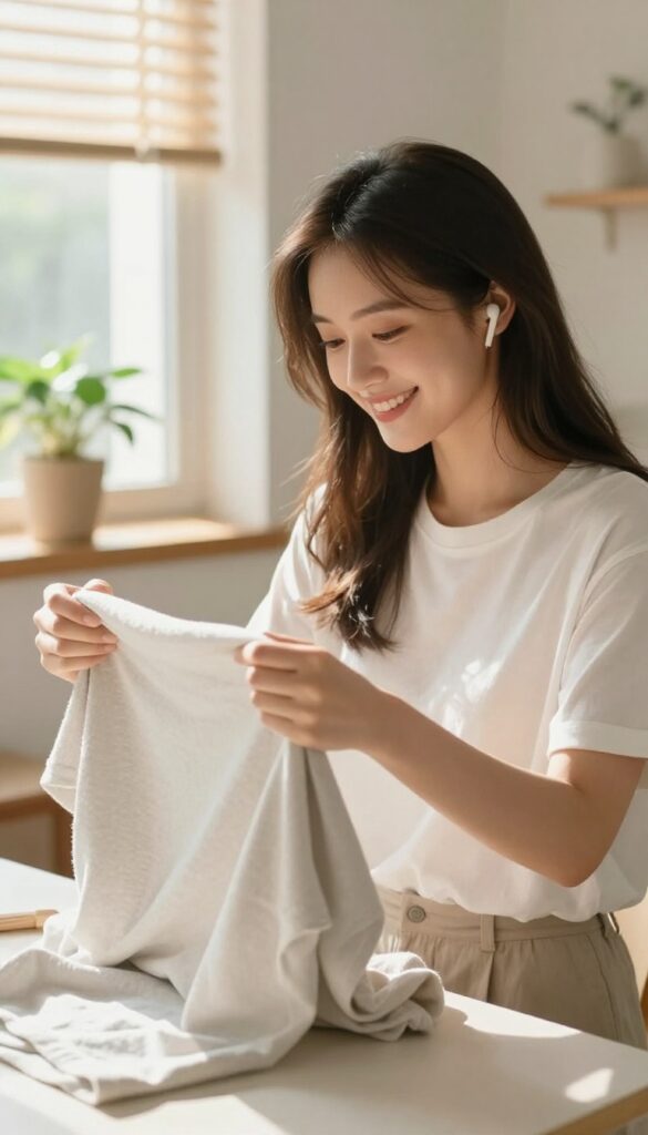 Woman listening to a podcast while folding laundry in a bright, cozy room