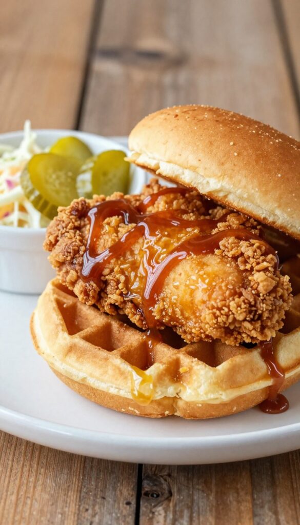 Southern fried chicken and waffle burger with maple syrup and hot sauce drizzle, on a wooden table.
