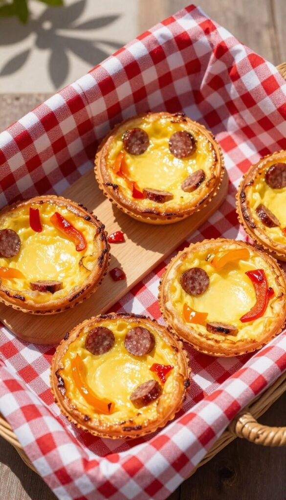 Baked egg cups with sausage and bell pepper in a picnic basket on a checkered napkin