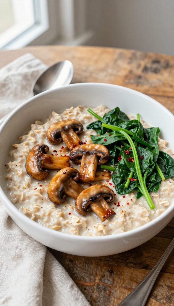 Savory oatmeal bowl topped with sautéed mushrooms and spinach on a wooden table.