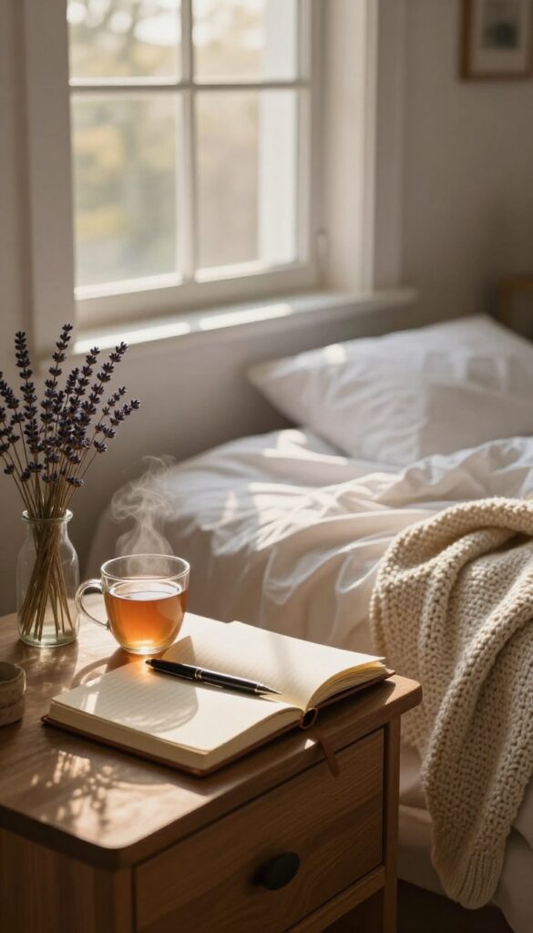 Cozy bedroom nightstand with gratitude journal, pen, tea, and lavender in warm lamplight