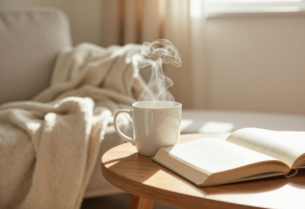 Cozy living room with tea and book for a mindful weekend self-care reset