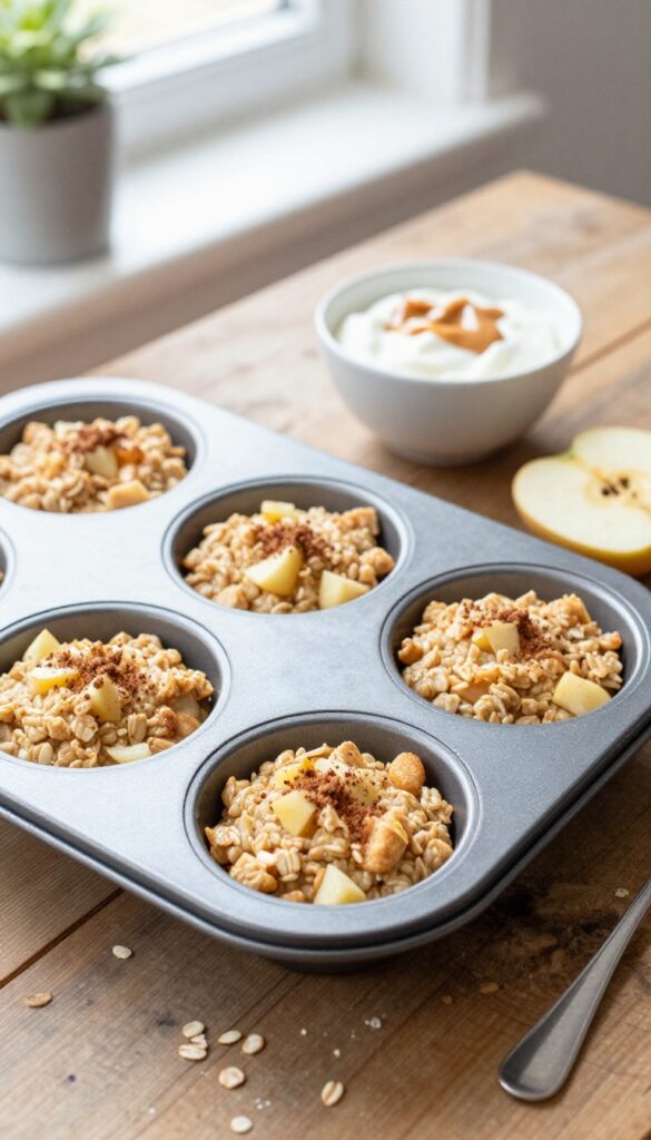 Baked apple cinnamon oatmeal cups in a muffin pan with yogurt and peanut butter on a wooden table.