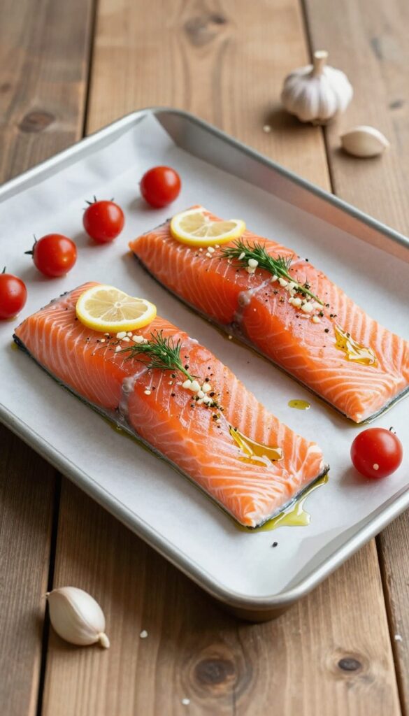 Salmon fillets and cherry tomatoes on a baking sheet, seasoned with olive oil, garlic, lemon, and dill.