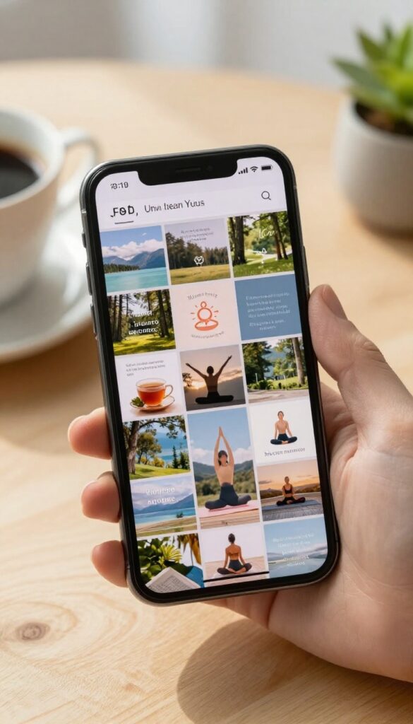A hand holding a smartphone with a digital vision board wallpaper showing nature, affirmations, and self-care symbols, set on a wooden desk in morning light.