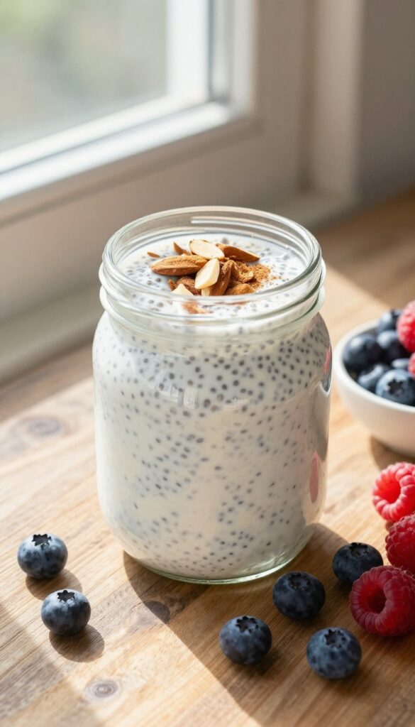 Overnight chia pudding in a glass jar with almond topping and fresh berries on a wooden table in natural light