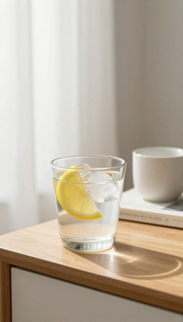 A glass of water on a nightstand in soft morning light, with lemon slice and ice cubes, evoking a fresh start to the day.