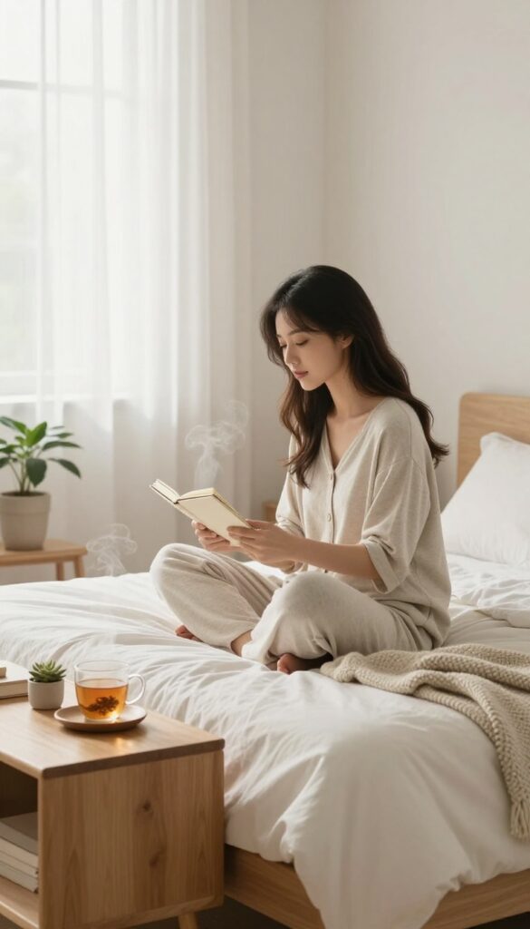Woman resting in a calm bedroom, saying no to obligations, self-care concept