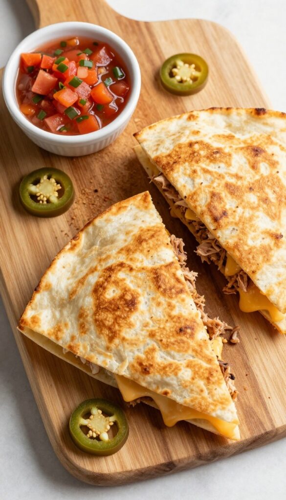 Crispy tuna and cheese quesadilla wedges with salsa and jalapeño slices on a wooden board.