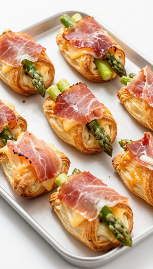 Golden puff pastry bundles filled with asparagus and prosciutto on a baking sheet