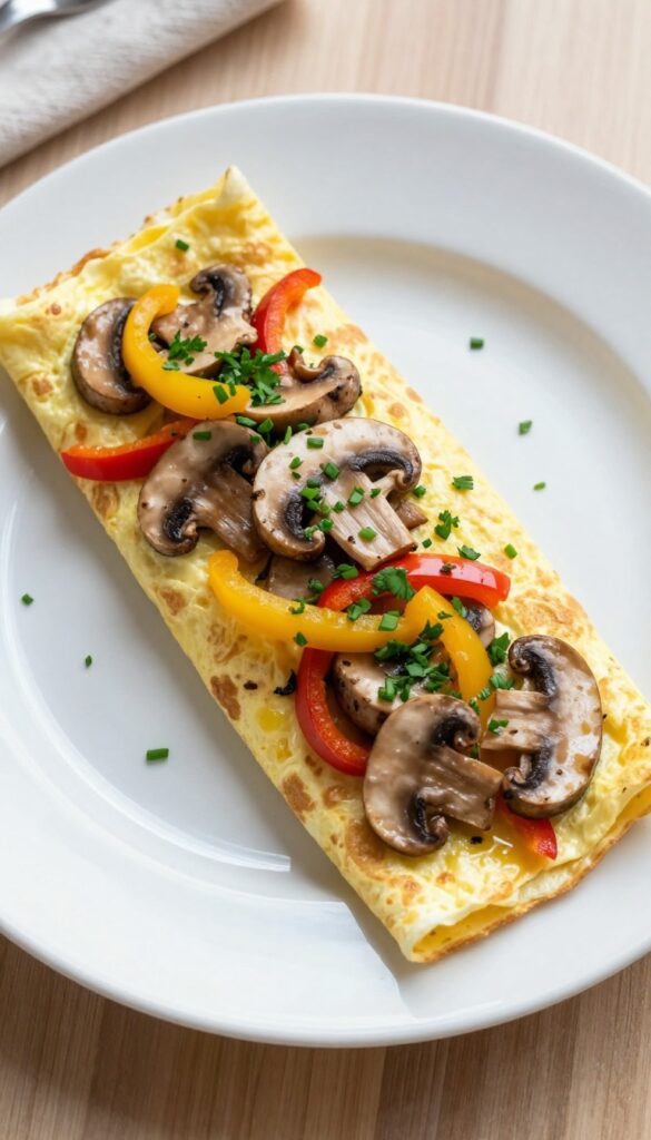 Omelette with mushrooms and bell peppers on a plate, garnished with fresh herbs