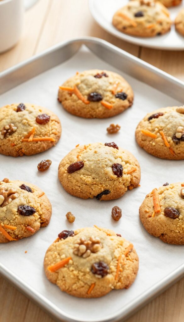 Freshly baked carrot cake breakfast cookies on a baking sheet with raisins and walnuts.