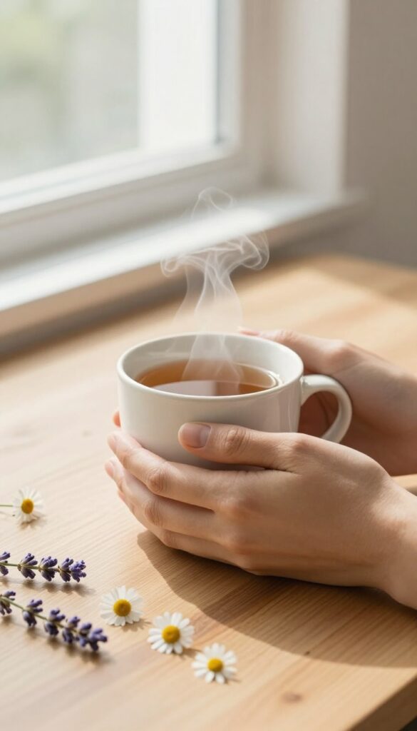 Person holding a warm mug of herbal tea with chamomile and lavender on a wooden table