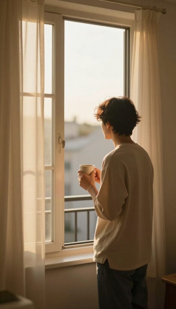 Person standing on balcony in morning sunlight with coffee mug