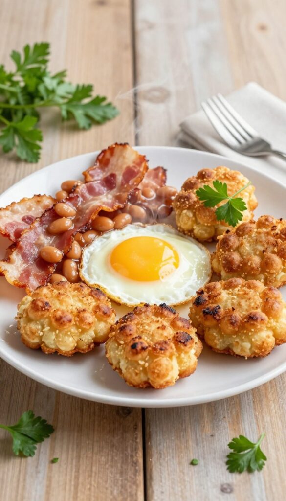 Crispy bubble and squeak patties with fried egg, bacon, and baked beans