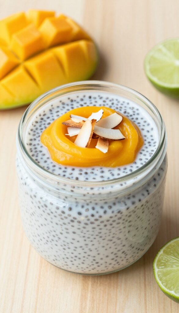 Chia seed pudding with coconut milk and mango puree in a glass jar, topped with coconut flakes and almonds, on a wooden table.