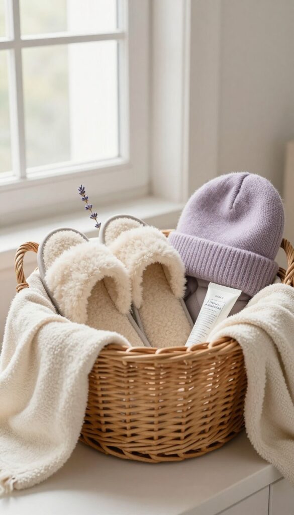 Warm and fuzzy slipper gift basket with plush slippers, heated neck wrap, lavender sachet, cashmere beanie, and hand cream in a wicker basket lined with a soft blanket.
