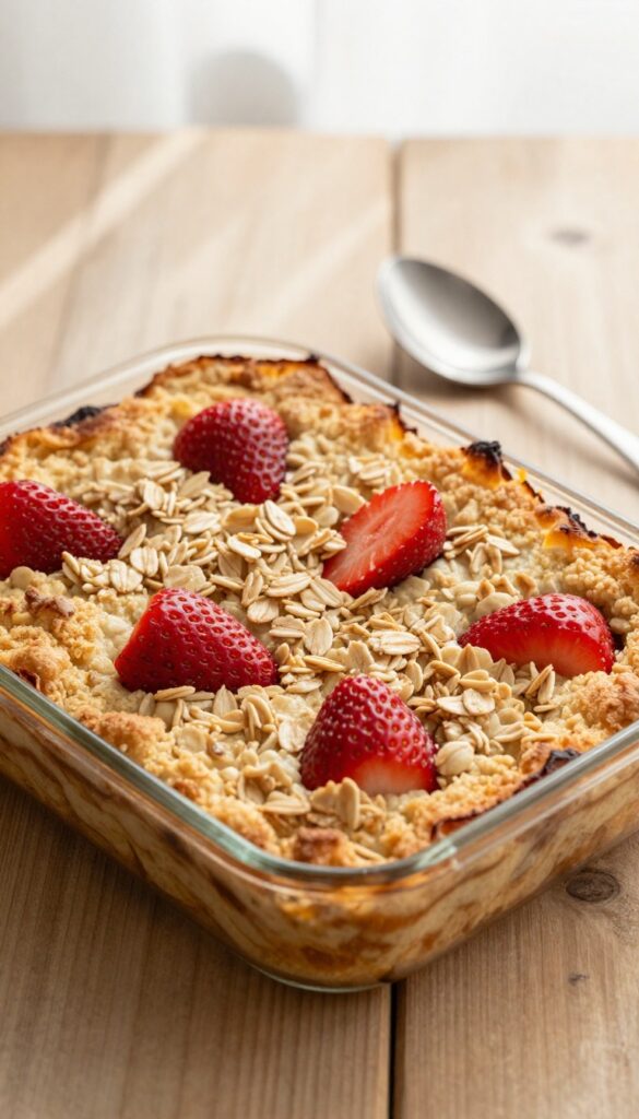Golden baked oatmeal with strawberry halves and oat crumble topping in a square dish, rustic table setting, soft natural light.