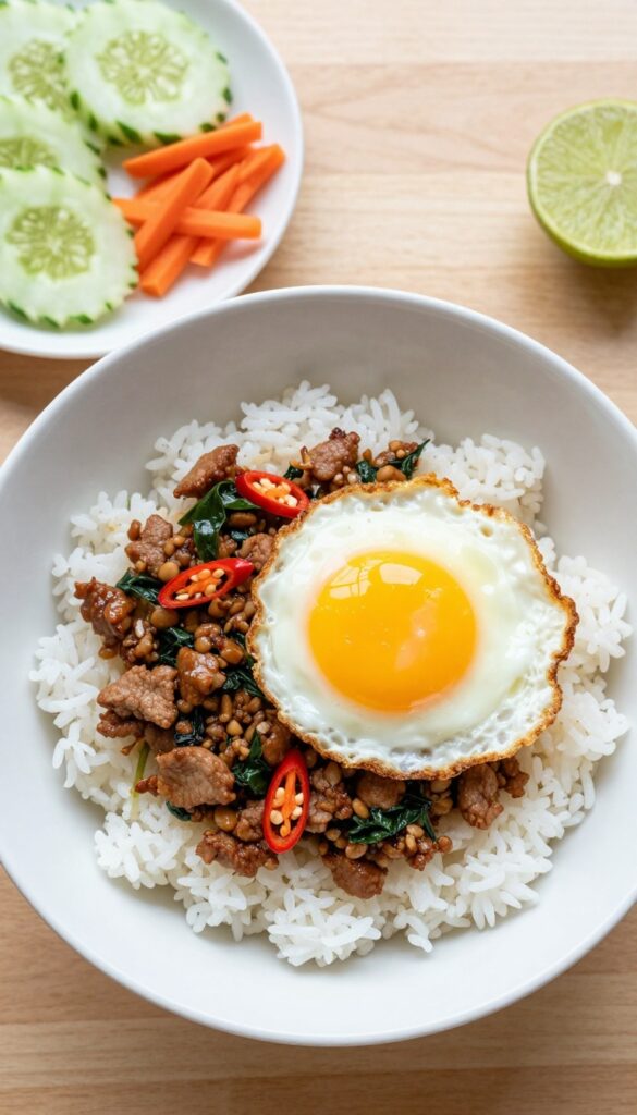 Bowl of Thai basil minced pork over rice with fried egg and side dishes