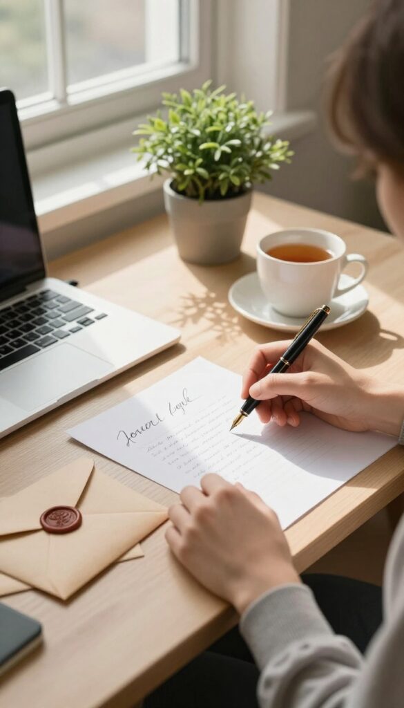 A person writing a letter to their future self at a sunlit desk with an envelope, pen, tea, and plant.