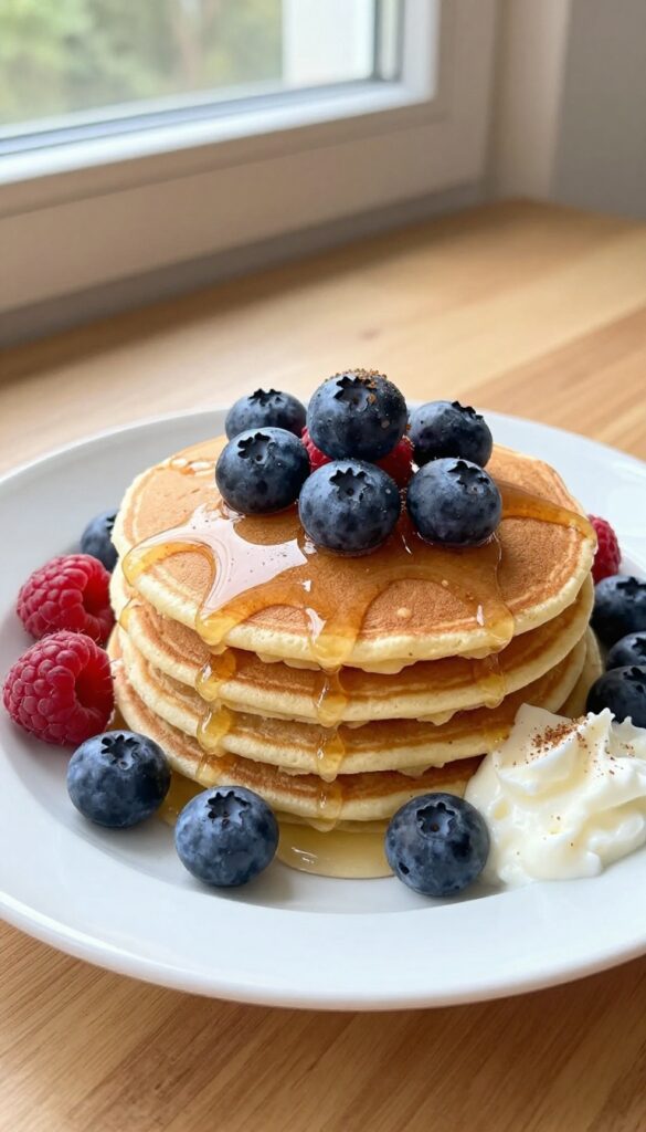 Stack of oatmeal pancakes with fresh berries and maple syrup