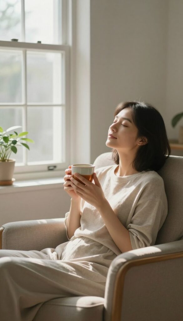 Person enjoying silent morning moment with tea by sunlit window