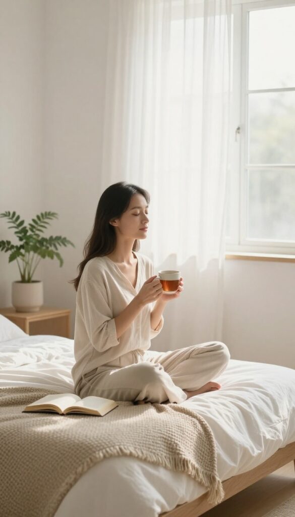Woman enjoying a quiet, screen-free morning in a sunlit bedroom