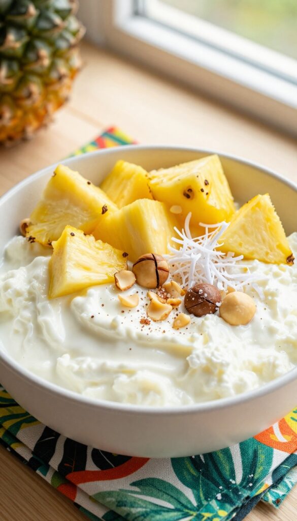 Cottage cheese and pineapple coconut bowl with shredded coconut and nuts on a wooden table