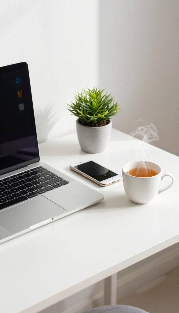 Minimalist desk with organized laptop and phone, no digital clutter