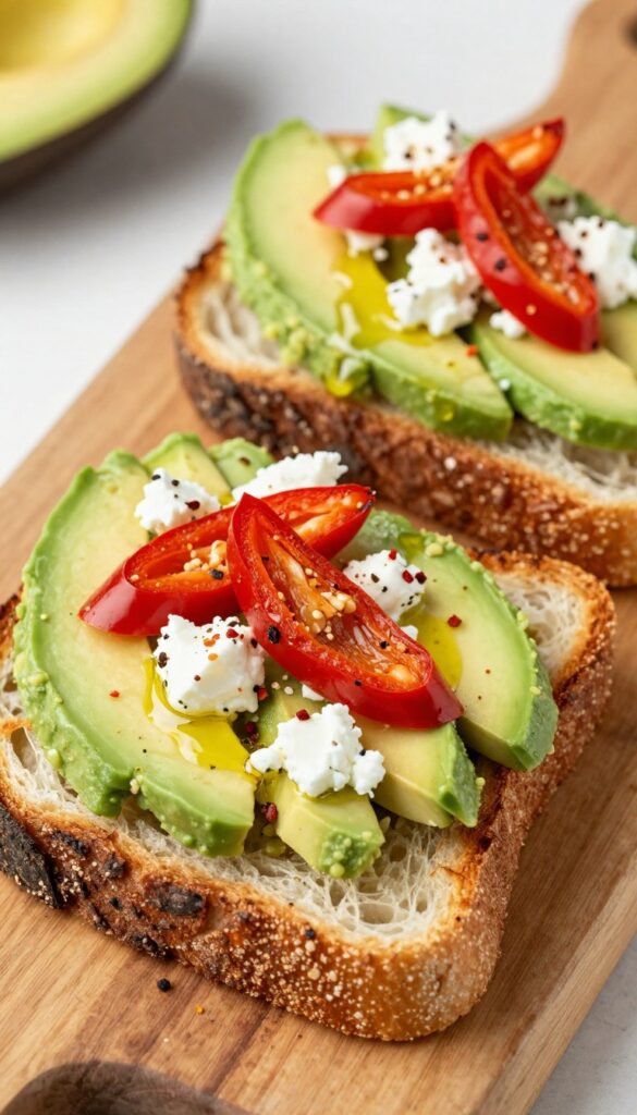 Two slices of sourdough avocado toast topped with goat cheese and roasted red peppers.