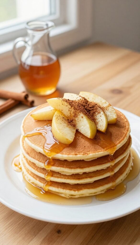 Fluffy apple cinnamon pancakes with sautéed apple slices and maple syrup on a plate