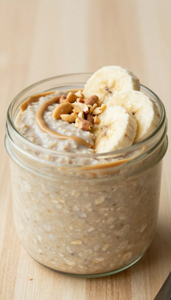 Overnight peanut butter banana oatmeal in a jar with banana slices and peanut butter drizzle
