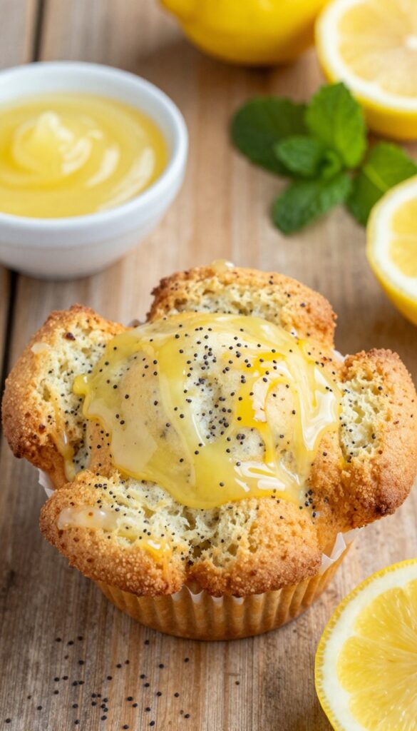 Freshly baked lemon poppy seed muffin with lemon glaze on a wooden table