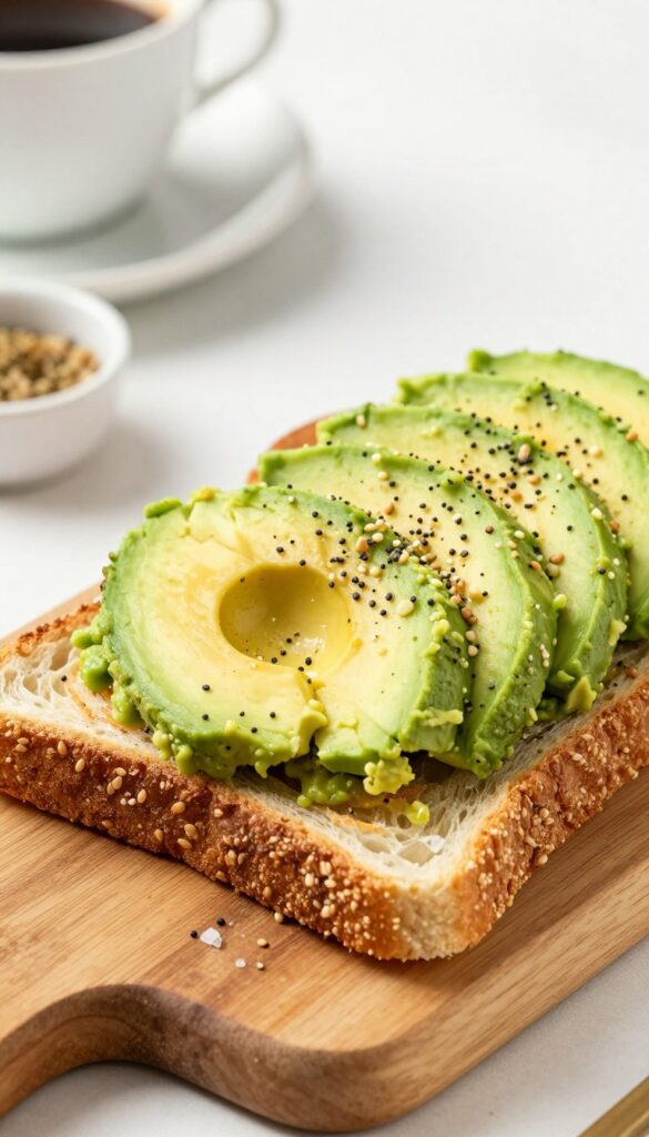 Avocado toast with everything bagel seasoning on a wooden board, with coffee in background.
