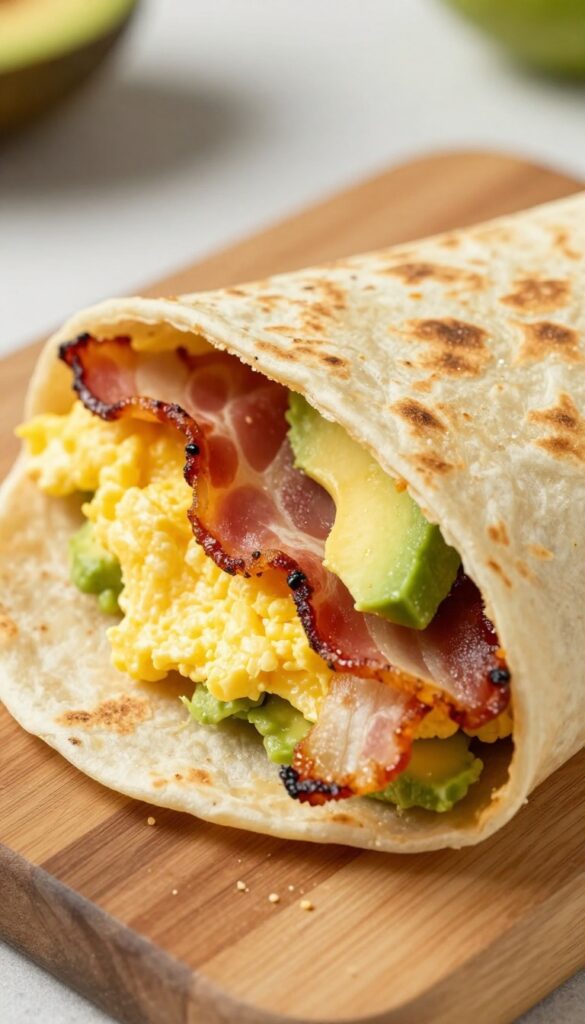 Bacon, egg, and avocado wrap cut in half on a wooden board.