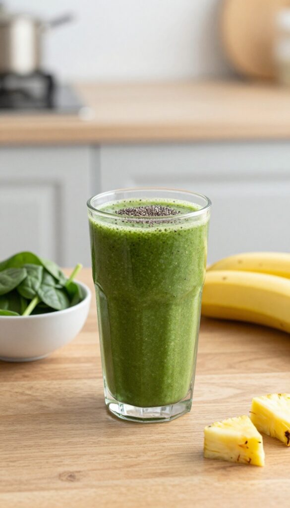 Green smoothie in a glass with spinach, banana, and pineapple on a wooden table.