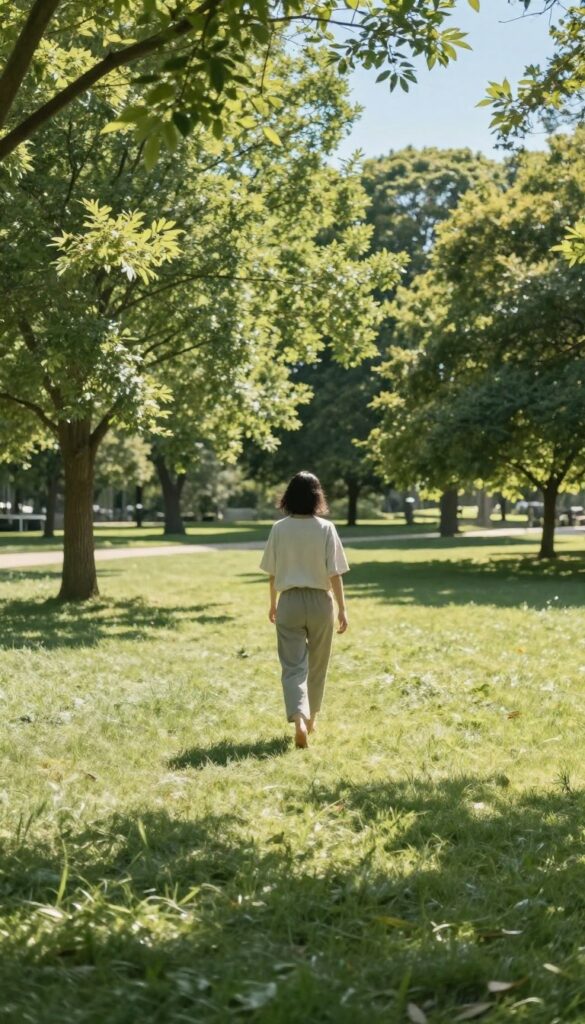 A person walking barefoot on a grassy path in a sunlit park, enjoying a mindful unplugged walk.