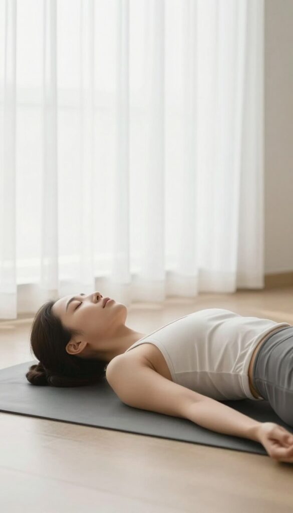 Person lying down doing body scan meditation in a bright, minimalist room
