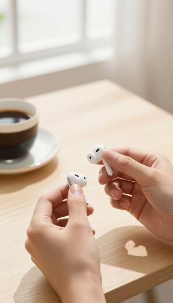 Person holding earbuds with smartphone showing a single song, calm morning light, minimalist decor