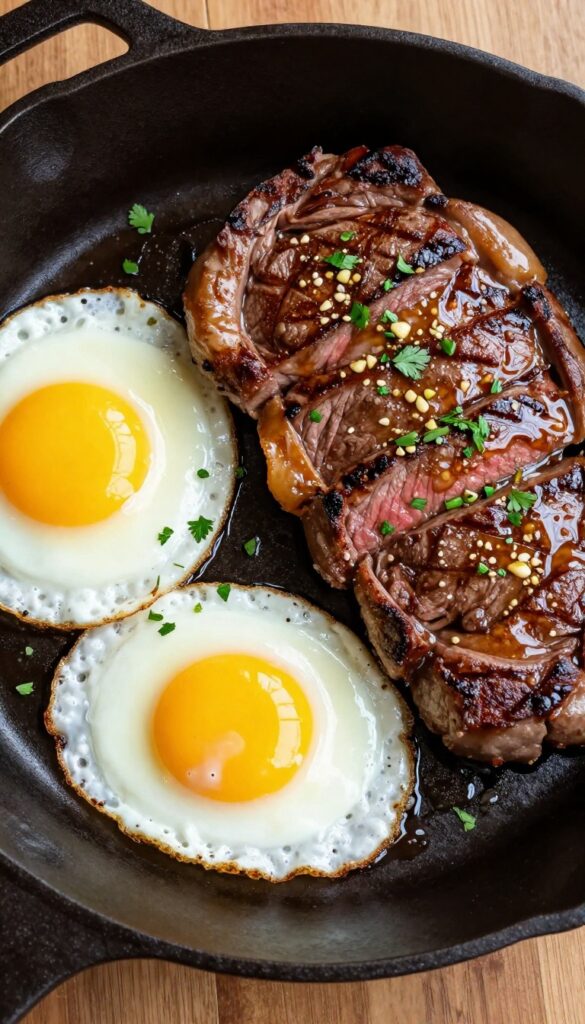 Steak and eggs with garlic butter in a cast-iron skillet