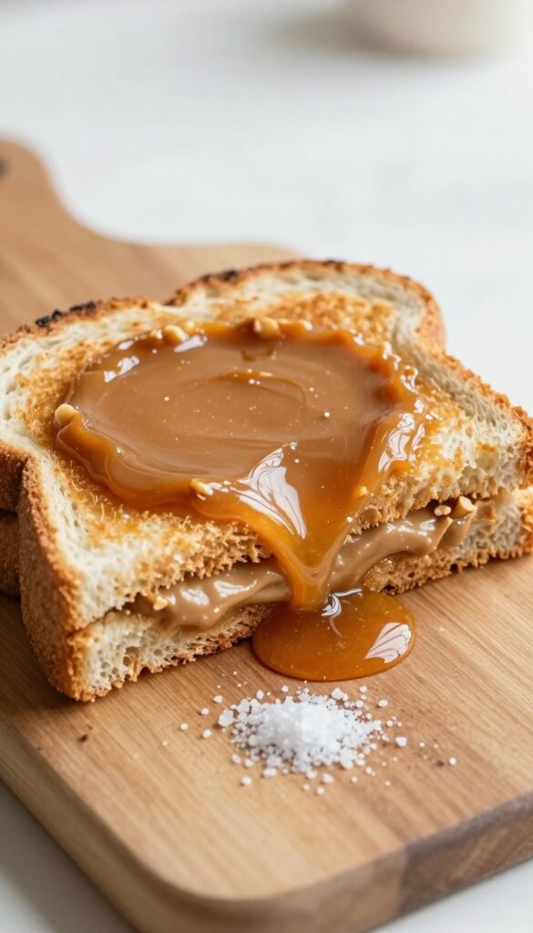 Toasted peanut butter and honey sandwich cut in half, showing gooey center, on a wooden board with honey drizzle and sea salt.