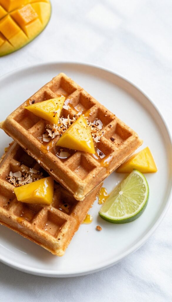 Coconut mango waffles with lime glaze on a white plate