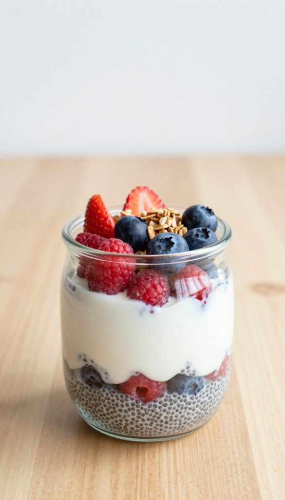 Overnight chia pudding parfait in a glass jar with layers of yogurt and berries