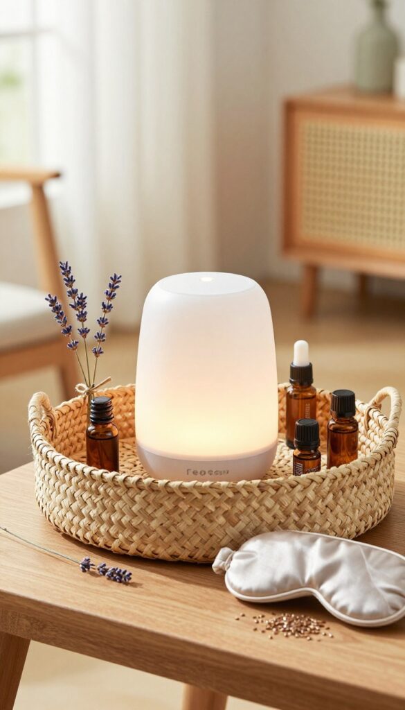 Aromatherapy basket with diffuser, essential oils, roll-on, and eye pillow on a wooden table